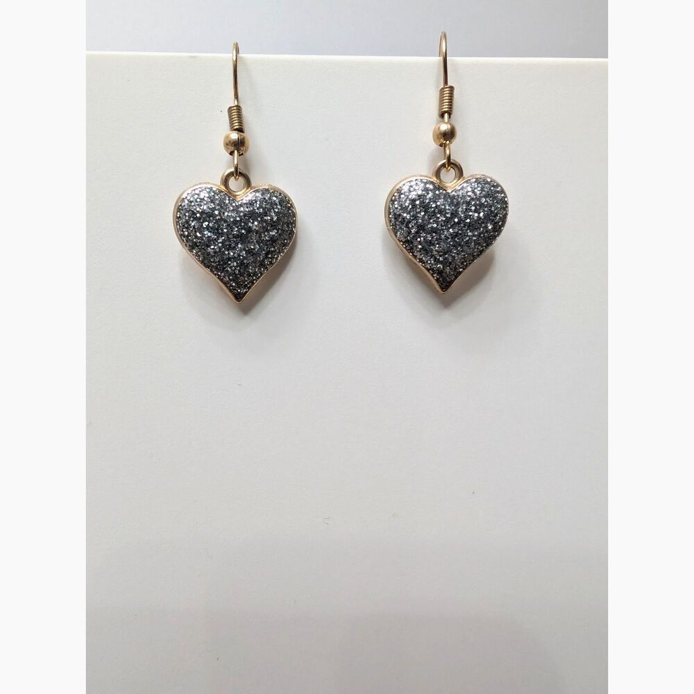 Silver Glitter Heart Dangle Earrings